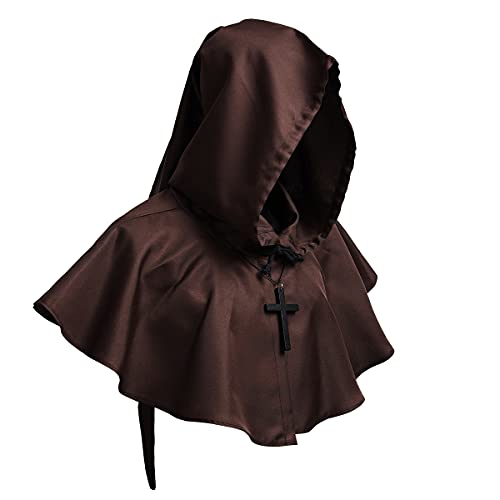 COSDREAMER Mittelalterliche Kapuzen Cowl Kreuz Halskette Halloween-Mantel für Dämonen Hexen Zauberer Cosplay braun, One Size von COSDREAMER