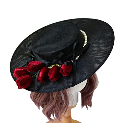 COSDREAMER Viktorianischer Hut für Damen und Mädchen, Teeparty-Hüte, Vintage-Blumen, Flacher Hut (1) von COSDREAMER