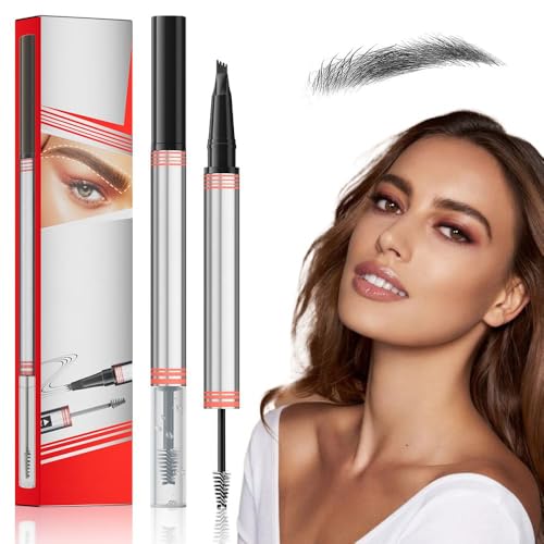 2In1 Augenbrauenstift mit Gel,2025 Neu Microblading Augenbrauenstift,2-in-1 Brow Pen and Sealing Brow Gel Wasserfester Augen brauenstift mit 4 Gabelspitzen Magischer Eyebrow Pencil (04-Schwarz) von COSEN
