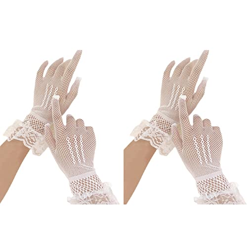 COSFAN 2 Paar Braut-Netzhandschuhe,Kurze florale Spitzenhandschuhe für Frauen,Elegante Tea Party Handschuhe,20er Jahre Opera Handschuhe,Sommer Höflichkeit Handschuhe von COSFAN