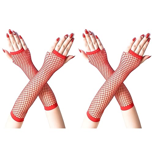 COSFAN 2 Paar Damen Netzhandschuhe,Lange Fingerlose Mesh Handschuhe,Elastische Hohle Handschuhe für Kleid Tanz Party Kostüm Zubehör (Rot) von COSFAN