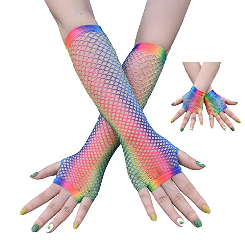 COSFAN 2 Paar Netzhandschuhe,80er Jahre Regenbogen Netzhandschuhe,Frauen lange Opernhandschuhe,Mesh Fingerless für Party Kostüm Zubehör von COSFAN