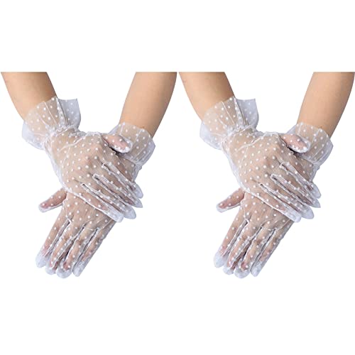 COSFAN 2 Paar Polka Dot Spitzenhandschuhe,Elegante kurze Mesh Handschuhe,Tea Party Handschuhe für Frauen,Höfliche Sommer Handschuhe für Hochzeit Halloween von COSFAN