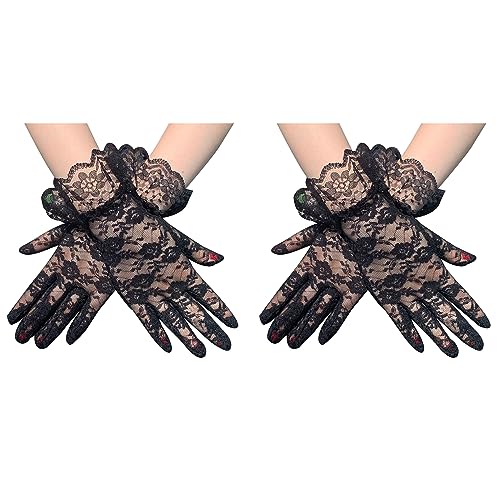 COSFAN 2 Pcs Damen Spitze Handschuhe, kurze Spitze Braut Hochzeit Prom Tea Party Handschuhe, Vintage schiere florale Spitze Handgelenk Länge Handschuhe für Wome von COSFAN