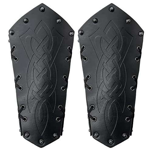 COSFAN 2 Pcs Mittelalter armschienen männer, Wikinger-Handschuhlederarmband, Punk-Armschienen, verstellbare Armschützer, langes Manschettenarmband für LARP-Cosplay-Halloween (Schwarz) von COSFAN