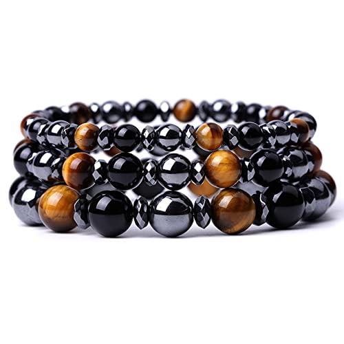 COSFAN 2 Stück Dreifach-Schutz-Armband,natürliches schwarzes Obsidian-Tigerauge-Stein-Hämatit-Armband,Kristallarmband, verstellbares Glücksarmband (Stil-1) von COSFAN