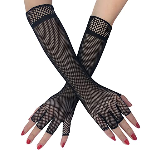 COSFAN 80er Jahre Fischnetz-Handschuhe für Frauen, halbe Finger dehnbar Mesh Handschuhe, Ellenbogen Länge Halloween Cosplay Performance Handschuhe von COSFAN