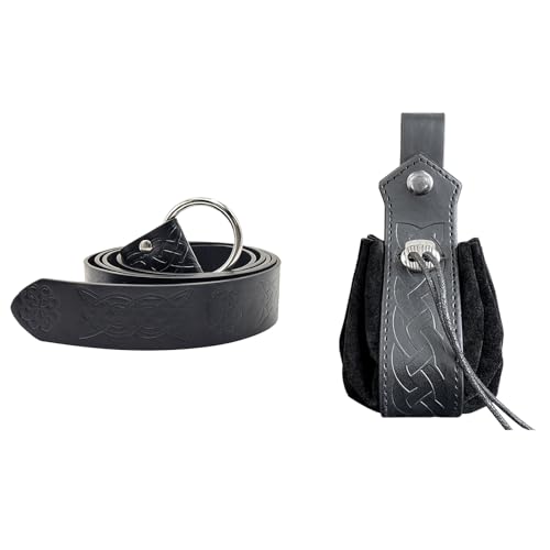 COSFAN Mittelalterlicher Wikinger Gürtel Kunstleder Tasche Set,Renaissance Prägung Ritter Gürtel Kordelzug Würfel Tasche,LARP Cosplay Halloween Zubehör für Männer Frauen (Stil 2) von COSFAN