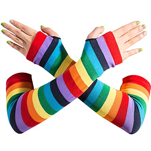 COSFAN Regenbogen Streifen Handschuhe,Frauen lange Armstulpen,Fingerlose Handschuhe für Cosplay,Punk Gothic Handschuhe für Halloween Tanz Party von COSFAN