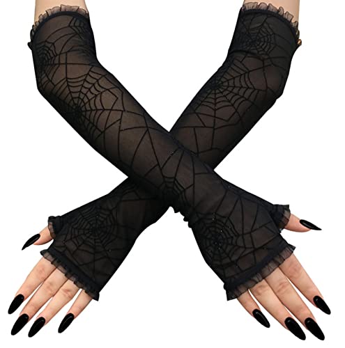COSFAN Spinnennetz Spitzenhandschuhe,Damen Punk Fingerlose Handschuhe,Fingerlose Hexenhandschuhe,Mesh Handschuhe für Halloween Cosplay Kostüm Zubehör von COSFAN