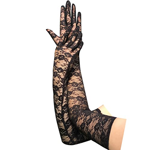 COSFAN Spitzenhandschuhe für Frauen,Florale Hochzeitshandschuhe,Schwarze Opernhandschuhe,Dehnbare Ellenbogenlange Tanzhandschuhe,Halloween Cosplay Kostüm Zubehör von COSFAN