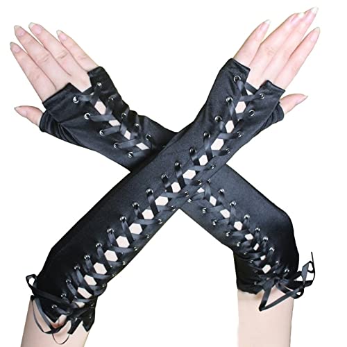 COSFAN Women's Lace Up Gloves,Ellenbogen Länge Satin Handschuhe,Schwarz Steampunk Handschuhe,Fingerlose Handschuhe für Prom Halloween von COSFAN