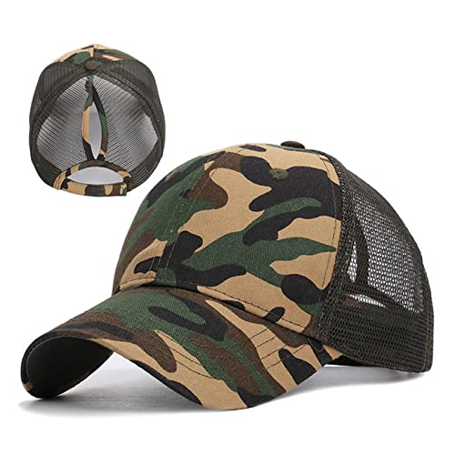 Damen Mesh Baseballmütze, Baumwolle Pferdeschwanzmütze, verstellbare Hip Hop Camouflage Mützen, Sportmütze mit Zöpfen Loch Schleife Hut (Grün) von COSFAN