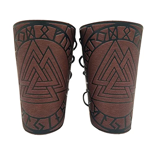 COSFAN Geprägte Lederarmbänder Wikinger Odin Gauntlet Bracers Embossed Arm Guards Breite Armschutzmanschette Punk Mittelalterliche Armschienen Viking Bracers Costume (Braun) von COSFAN