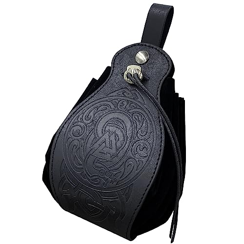 Schwarze Gürteltasche,Medeival Kunstleder Würfel Tasche,Renaissance Gürteltasche,Vintage Coin Purse,LARP Portable Drawstring Bag (Odin's Totem) von COSFAN