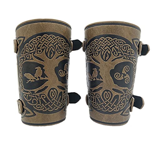 Yggdrasil-Lederarmrüstung Geprägte PU-Leder-Armschienen Punk Gothic Armschützer Mittelalter Kostüm Armband Viking Bracers Baum Des Lebens Tattoos Armschienen für Männer Frauen Jungen LARP (Khaki) von COSFAN