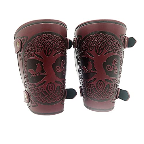 Yggdrasil-Lederarmrüstung Geprägte PU-Leder-Armschienen Punk Gothic Armschützer Mittelalter Kostüm Armband Viking Bracers Baum Des Lebens Tattoos Armschienen für Männer Frauen Jungen LARP (Weinrot) von COSFAN