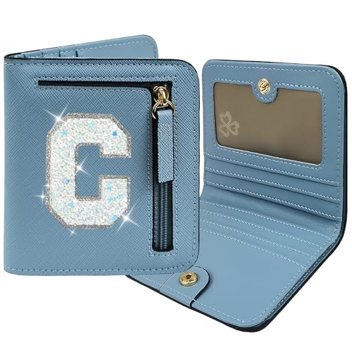 COSHAYSOO Initial RFID-Geldbörse, klein, für Damen, Teenager, Mädchen, Reisen, Alltag, kompakt, Kreditkarten, Ausweise, Geld, Bargeld, Münzen, Organizer, adrett, niedliches Geschenk, Blau, Compact, C von COSHAYSOO