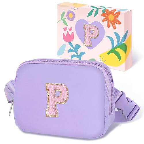 COSHAYSOO Kleine Bauchtasche mit Initialenbuchstaben, verstellbarer Riemen für Damen, Teenager, Mädchen, Reisen, Fitnessstudio, Wandern, Cross-Body, trendige, adrette Tasche, Violettes Chenille, von COSHAYSOO