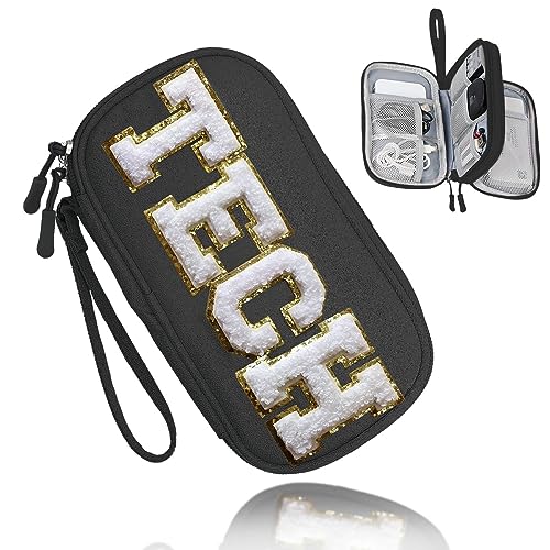 COSHAYSOO Kleine Elektronik-Organizer-Reisetasche mit Chenille-Buchstabe, Patch, Tech für Männer und Frauen, Weihnachtsgeschenk, Kabel-Ladekabel, Reisezubehörtasche, unverzichtbare Aufbewahrungsbox, von COSHAYSOO