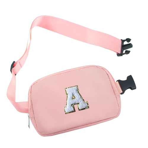 COSHAYSOO Kleine Bauchtasche mit Initialenaufnäher, verstellbarer Riemen für Damen, Teenager, Mädchen, Laufen, Reisen, Fitnessstudio, Wandern, Mini-Umhängetasche, trendige, adrette Tasche, Pink, von COSHAYSOO