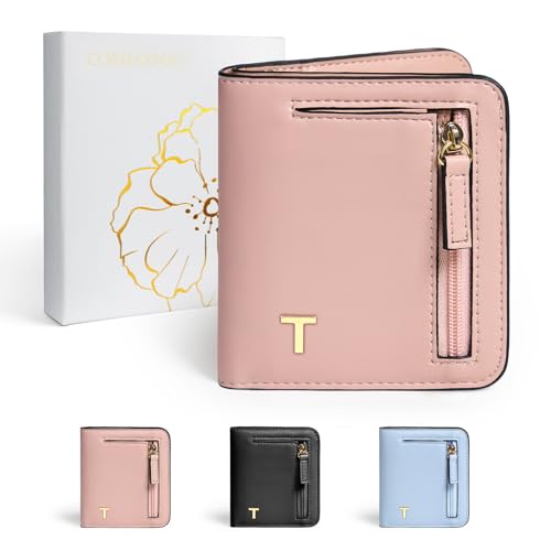 COSHAYSOO Kleine RIFD-Geldbörse für Damen mit Anfangsbuchstaben, Champagnerrosa, Small, T von COSHAYSOO