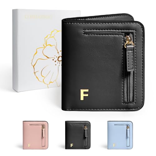 COSHAYSOO Kleine RIFD-Geldbörse für Damen mit Anfangsbuchstaben, Schwarz, Small, F von COSHAYSOO