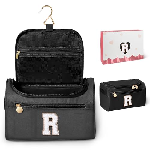 COSHAYSOO Kulturbeutel mit Initiale, wasserabweisend, Reisegeschenke für Damen, schwarzer Buchstabe R von COSHAYSOO