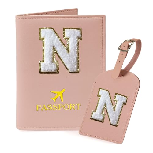 COSHAYSOO Personalisierte Reisepasshülle und Gepäckanhänger, TSA-genehmigt, mit Monogramm-Chenille-Buchstabe, Patch für Frauen, Teenager, Mädchen, Paare, adrette Reisetasche, Koffer-Identifikator, von COSHAYSOO