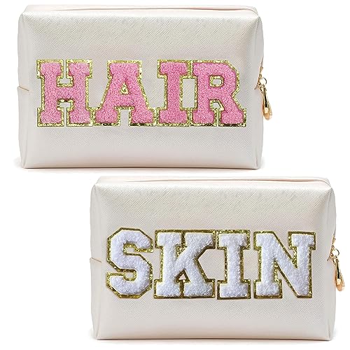 COSHAYSOO Preppy Letter Patch Cosmetic Makeup Bags for Women, Small Travel Pouch for Purse Puffy Chenille Waterproof Beach Toiletry Bag, Cute Trendy Make Up Birthday, Multi-Haar+Haut, von COSHAYSOO