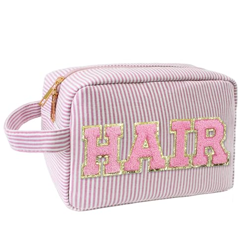 COSHAYSOO Preppy Letter Patch Cosmetic Makeup Bags for Women, Small Travel Pouch for Purse Puffy Chenille Waterproof Beach Toiletry Bag, Cute Trendy Make Up Birthday Christmas Gifts, Pink-Haar, Preppy von COSHAYSOO