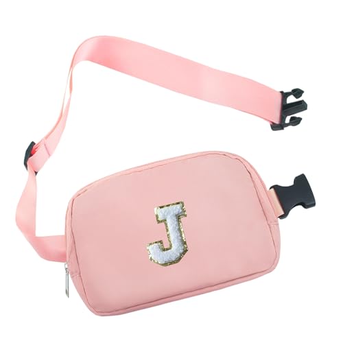 COSHAYSOO Pink Small Waist Fanny Pack Belt Bag with Initial Letter Patch Crossbody Adjustable Strap for Women Teen Girl Traveling Gym Workouts, Mini Cross Body Travel Front Purse Trendy Purse (J) von COSHAYSOO