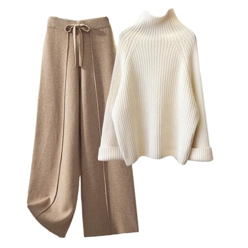 COSKTIARL Strick-Zweiteiler-Sets – Damen-Winter-Casual-Weißer Rollkragen-Strickpullover Und Strickhosen Mit Weitem Bein, Anzüge, Damen-Homewear-Set, Loungewear, Wie Abgebildet, S von COSKTIARL