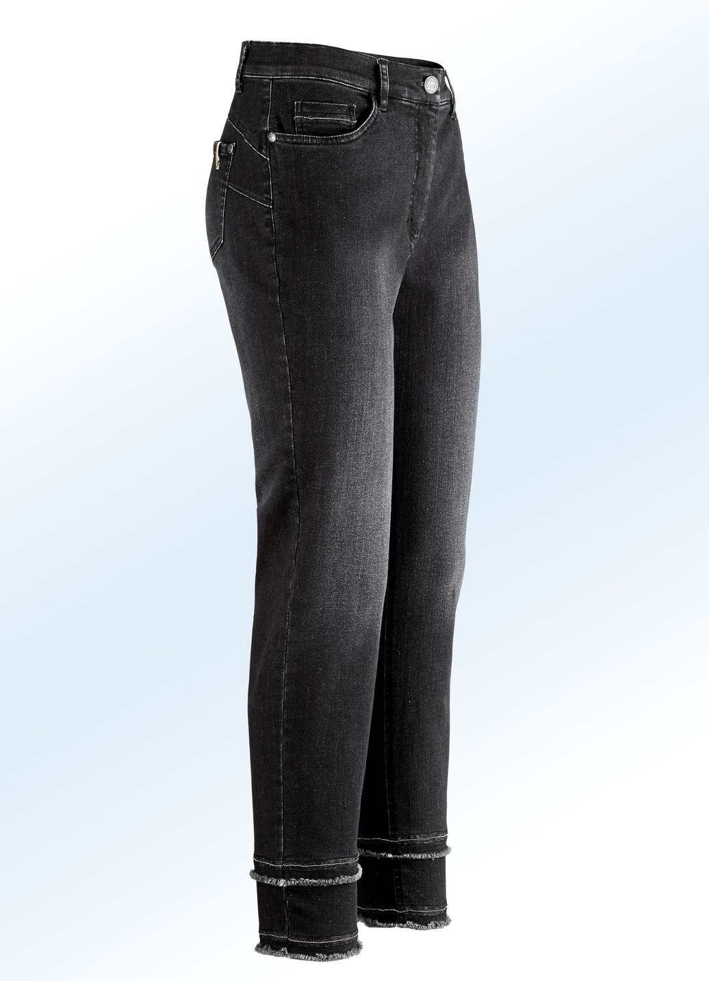 Knöchellange Jeans mit funkelnden Zierbändern und Fransensam, Schwarz, Größe 17 von COSMA