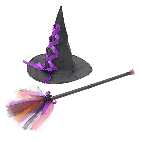 COSMEVIVI 1satz Hexenhut Und Besen Für Halloween Teiliges Cosplay Kostüm Zubehör Verstellbarer Hut Für Partys Rollenspiele Und Dekoration Für Unvergessliche Halloween-momente von COSMEVIVI