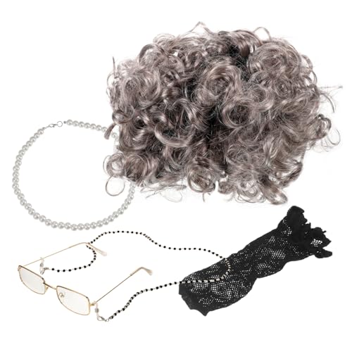 COSMEVIVI 1satz Großmutter Kostüm Set Mit Perücke Brille Und Perlenkette Für Halloween Und Cosplay Eleganter Kurzwelliger Haarperücke Und Zubehör Für Darstellung von COSMEVIVI