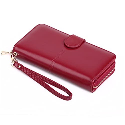 COSMEVIVI 1stück Damen Geldbörse Aus Öl-wachsleder Lange Geldbörse Mit Reißverschluss Und Schnappverschluss Stilvoller Handtaschen-ersatz Weinrot Für Alltag Und Reisen von COSMEVIVI