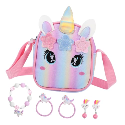 COSMEVIVI Einhorn Handtasche Schmuckset Mit Reißverschluss Tasche Süße Kawaii Cartoon Tier-geldbörse Kleine Umhängetasche Für Geldbörse Und Schmuck Aus Pu-Material von COSMEVIVI