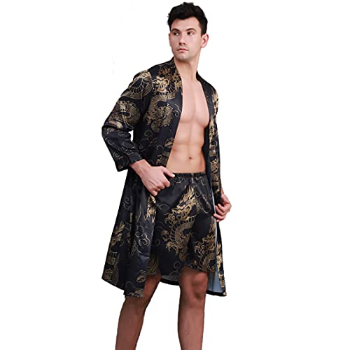 COSOSA Herren Satin Morgenmantel Leicht Bademäntel Kimono Robe Seiden Pyjama,(Black, 3XL) von COSOSA