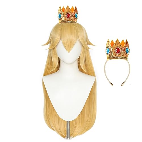 COSPLAZA 70cm Blonde Pfirsich Prinzessin Peach Kunsthaar Cosplay Perücke mit Krone Lange Wellige Kostümperücke Set für Halloween Party von COSPLAZA