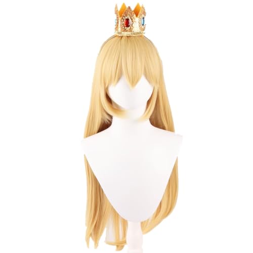 COSPLAZA 70cm Blonde Pfirsich Prinzessin Peach Kunsthaar Cosplay Perücke mit Krone Lange Wellige Kostümperücke Set für Halloween Party von COSPLAZA