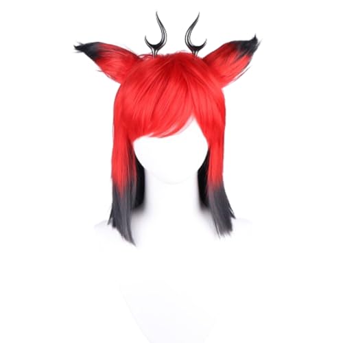 COSPLAZA Alastor Radio Demon Cosplay Wig Rote und schwarze Perücken mit 2 Ohren und 2 Hörnern von COSPLAZA