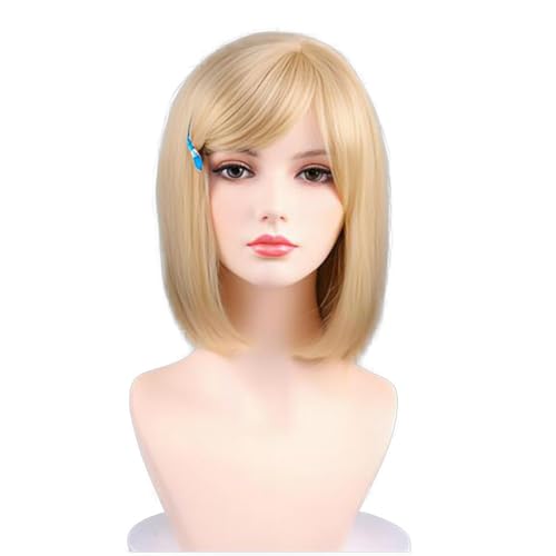 COSPLAZA Riley Wig Kurze BOB Gerade Blonde Perücke 2-Töne Anime Cosplay Kostüm Perücken + blauer Haarnadel von COSPLAZA