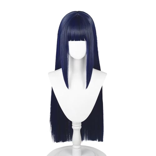 COSPLAZA Hyuga Hinata 80cm Dunkelblau Gemischt Lange Gerade Anime Perücke Damen Cosplay Kostüm Perücken mit stumpfem Pony von COSPLAZA