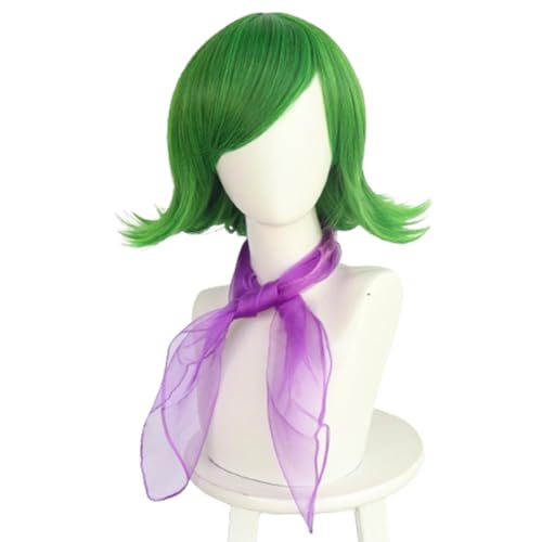 COSPLAZA Disgust Deep Green Wig Ekel Kurze gewellte grüne Damen Cosplay Perücke mit lila Schal von COSPLAZA