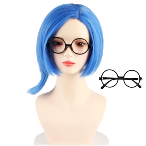 COSPLAZA Kurze gemischte blaue Perücke Kummer Traurigkeit Emotion Charakter Spielen Fasching Kostüm Zubehör Blaue Sadness Perücke + Glass Frame von COSPLAZA