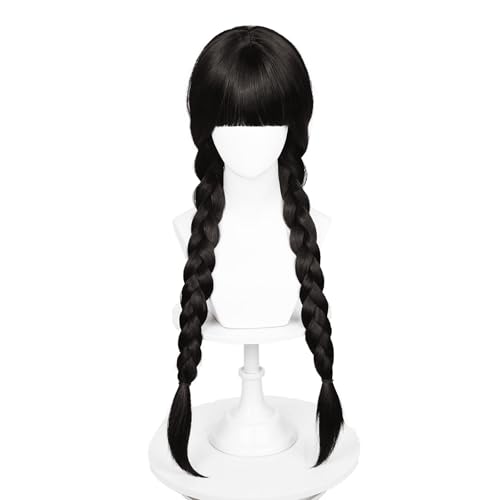 COSPLAZA Schwarze geflochtene Wednesday Mittwoch Perücke with Bangs lange geflochtene Perücken Braided Cosplay Halloween Kostüm Perücke von COSPLAZA