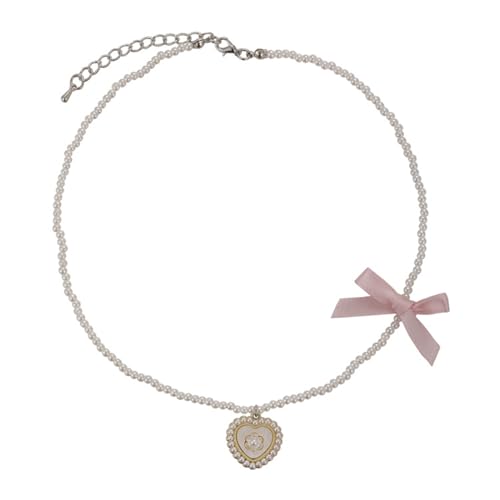 COSSIKA Herz-Halskette, modische Kamelien-Herz-Halskette, verstellbare Länge, Schlüsselbeinkette mit Schleife, Perlen, Perlenhalsband für den Alltag von COSSIKA