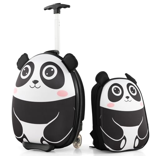 COSTWAY 2 TLG Kinderkoffer mit Rucksack, 12”+16” Kindertrolley Reisegepäck mit Rollen & 3 stufigem Teleskopgriff, Handgepäck Hartschalenkoffer für Mädchen & Jungen (Panda) von COSTWAY