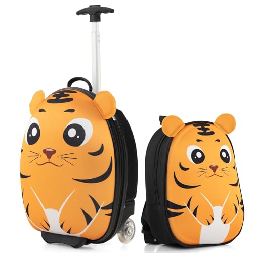 COSTWAY 2 TLG Kinderkoffer mit Rucksack, 12”+16” Kindertrolley Reisegepäck mit Rollen & 3 stufigem Teleskopgriff, Handgepäck Hartschalenkoffer für Mädchen & Jungen (Tiger) von COSTWAY